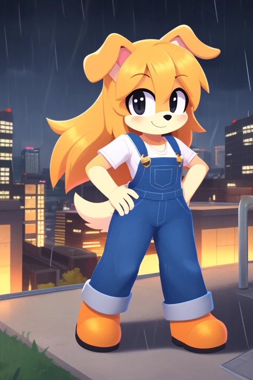 On top of a building, tall building, rainy weather ,lilotte, solo, 1girl, furry female, long hair, dog ears, black eyes, dog tail, orange overalls, blonde hair, outdoors, dog girl, smile, looking at viewer, hand on own hip, cowboy shot,, score_9, score_8_u...