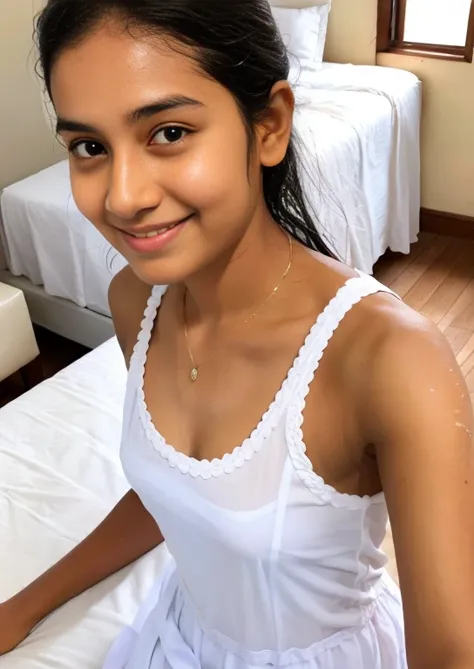 Sri lanka teen  girl, wearing white clothes  , in the bedroom,  (slim, small, flat, small), photorealistic, detail, skin texture, super detail, delicate and sexy collarbone, smile, wet hair, after bath hair, sweating skin