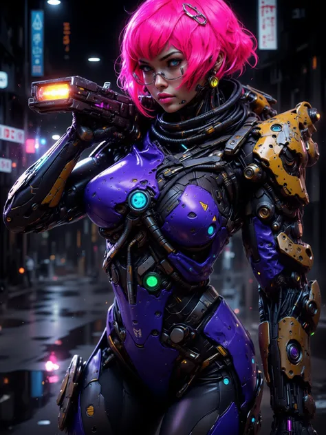 Combat Gynoid with neon red bob cut hair, curvaceous figure with a narrow waist and wide hips, brown skin, glowing blue eyes, wearing bright cyan lipstick, grasping a high-tech katana, clad in high-tech blue and gold body suit with metallic accents, set ag...