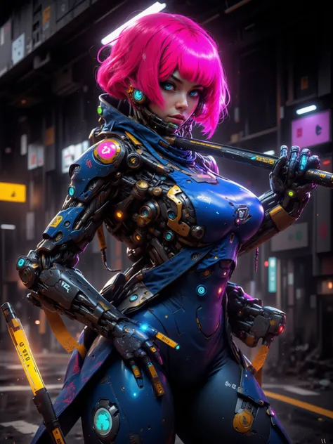 Combat Gynoid with neon red bob cut hair, curvaceous figure with a narrow waist and wide hips, brown skin, glowing blue eyes, wearing bright cyan lipstick, grasping a high-tech katana, clad in high-tech blue and gold body suit with metallic accents, set ag...