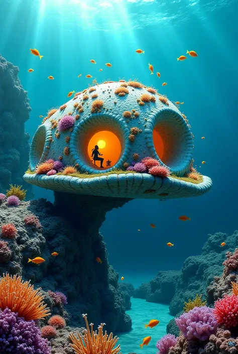 Create me a house under the ocean with only materials from the ocean, corals, rocks