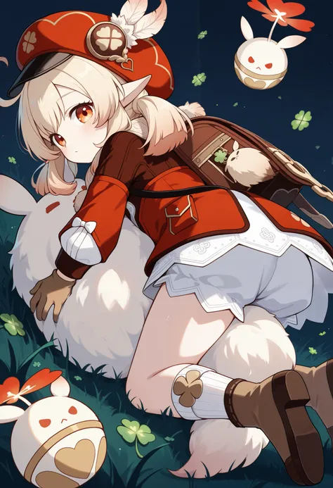 Klee. Genshin Impact. Appearance: pale skin, orange eyes, blonde hair in pigtails, and elf ears. Clothing: a red flat hat with a feather on top, light brown gloves, a fluffy scarf with a pompom, a dark reading backpack, a red coat with a black top and a wh...