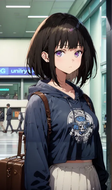 Takiuchikami, check it out, long short hair , bob cut, bangs, black hair, purple eyes,Medium breast,Blue oversized hoodie , white long skirt, Bbo~, suitcases, standing,whole bodyがイラストに入る入るように,
break indoors,airport,lobby,
break looking at viewer,whole...
