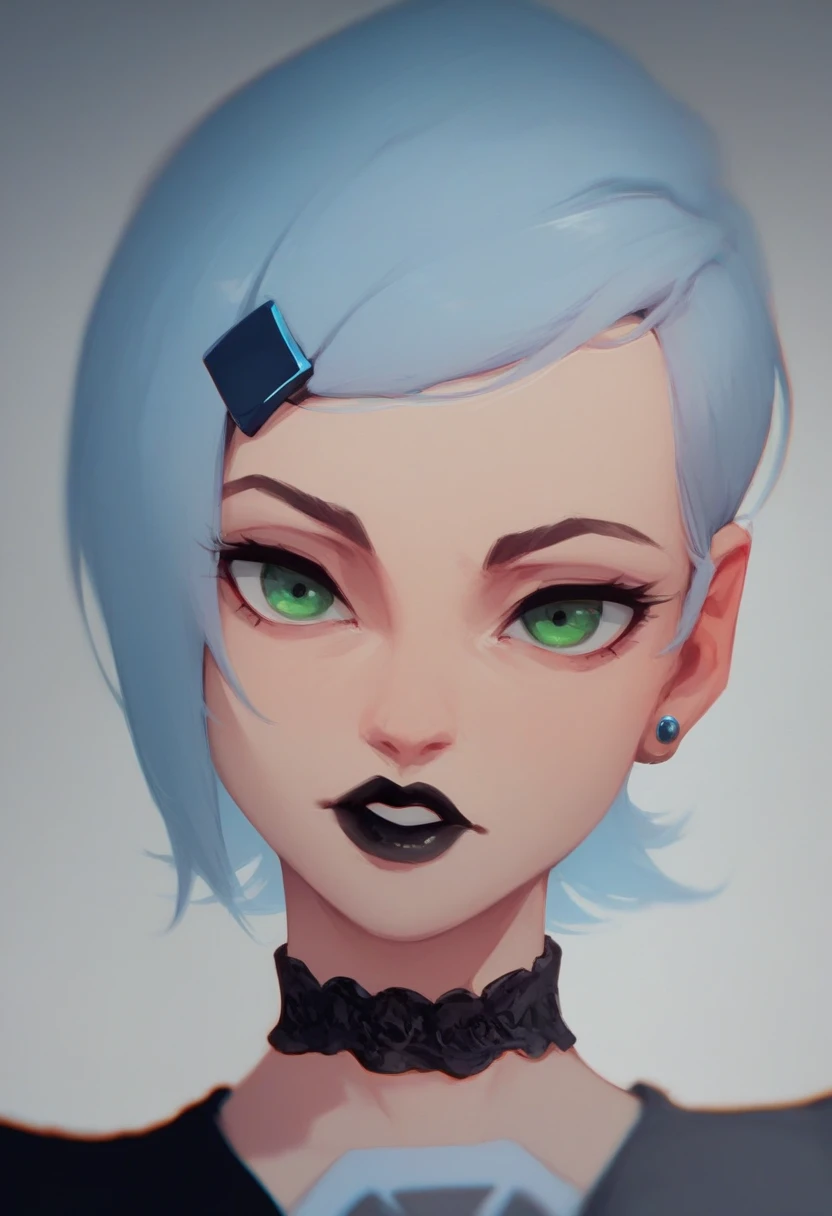 GwenSDXL,1girl,short hair,shirt,hair ornament,long sleeves,jewelry,green eyes,earrings,hairclip, gothic outfit, black lips, pov view, ella estaria viendo directamente hacia el frente, small tits, nsfw