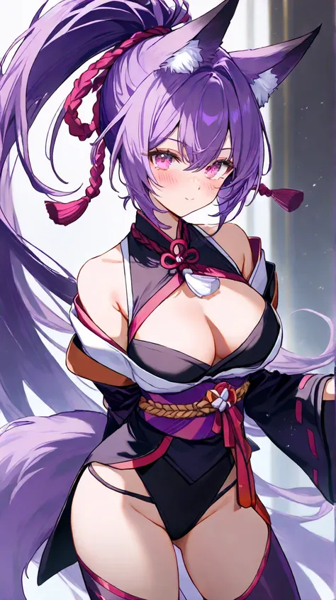 1 , Pink eyes,  purple hair,  ponytail ,  very long hair ,  Fox Ears , 