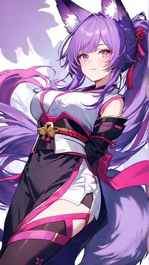 1 , Pink eyes,  purple hair,  ponytail ,  very long hair ,  Fox Ears , 