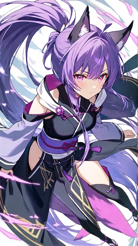 1 , Pink eyes,  purple hair,  ponytail ,  very long hair ,  Fox Ears , 