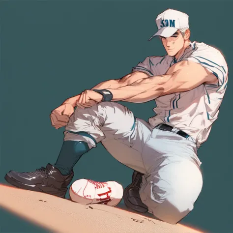 A 24-year-old man baseball player, showing off his biceps and abdominal muscles, showing his socked feet, feet close to the camera, Showing me the middle finger:1, long shot:2, low angle correct anatomy, stretching legs to the camera, no cropping, normal p...