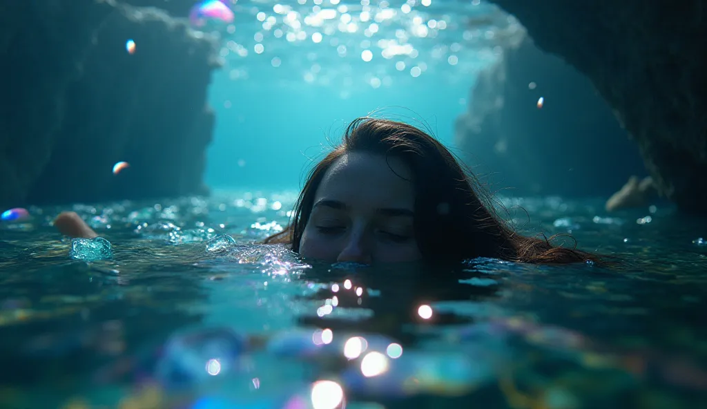 **Detailed Prompt:**  

*"A surreal and immersive underwater scene where a lone character floats close to the camera, partially enveloped by multicolored light rays filtering through the water’s surface. Their face is partially obscured by shadows and dist...