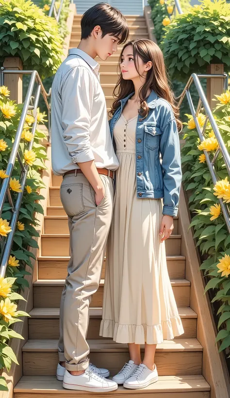 A young couple, is depicted standing on a staircase. The handsome man is positioned slightly to the left of center, and the woman slightly to the right. They are both of slender build. The man is wearing a light beige colored long-sleeved shirt, and a ligh...