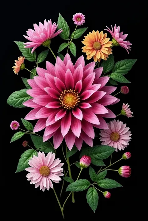  I want an image to use as a model to embroider on a fabric.  I want it to be a black background with a fuchsia dahlia flower ,  fuchsia daisy and some basil . That they are scattered flowers ,  that it is not such a full image 