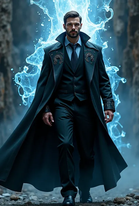   A handsome wizard with a short beard who wears a black robe and a black suit with a dark gray tie on the bottom , Use water magic by conjuring a spirit