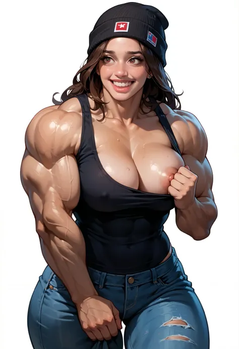 score_9, score_8_up, score_7_up, cartoon of a girl, solo, sexy, slutty, brown skin, brown eyes, brown hair, straight hair, black beanie, black sleeveless, cleavage,  jeans, grabbing, wide hips, standing, from behind, white background ,(( hyper muscular:0.4...