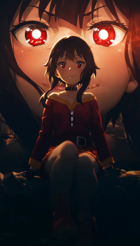   Konosuba ,( megumin), looking at the spectator, from the front, red eyes,ojos  rounds,, round,rear lighting,Confiansa , slight smile ,vista desde arriba,Eye in the foreground, HIGH CONTRAST,  dramatic lighting ,  melancholic atmosphere ,  erotic, sensual...