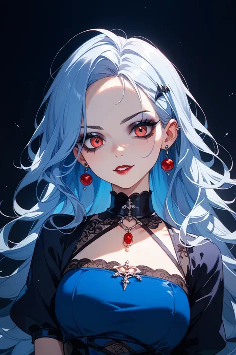 solo、 vampires、anime、cool、Dark background、Blue long hair、Blue Dress、 top quality