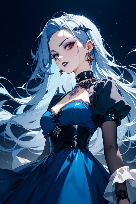 solo、 vampires、anime、cool、Dark background、Blue long hair、Blue Dress、 top quality