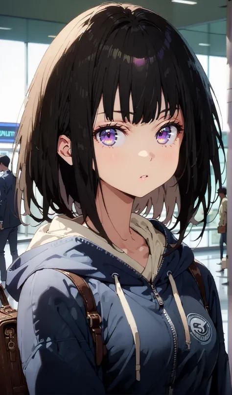 Takiuchikami, check it out, long short hair , bob cut, bangs, black hair, purple eyes,Medium breast,Blue oversized hoodie , white long skirt, Bbo~, suitcases, standing,whole bodyがイラストに入る入るように,
break indoors,airport,lobby,
break looking at viewer,whole...