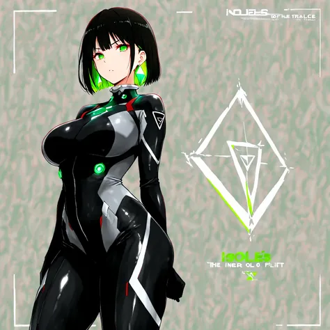 masterpiece, (((( best quality )))),,character profilele,,1 girl, Japanese anime,shiny skin, wearing a black pilot suit, dark hair, short bob hair,The inner color of the hair is green, green eyes,isosceles triangle earrings,Very thick legs,large breasts