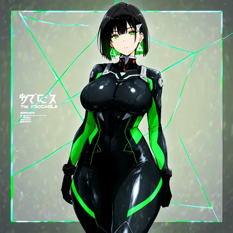 masterpiece, (((( best quality )))),,character profilele,,1 girl, Japanese anime,shiny skin, wearing a black pilot suit, dark hair, short bob hair,The inner color of the hair is green, green eyes,isosceles triangle earrings,Very thick legs,large breasts