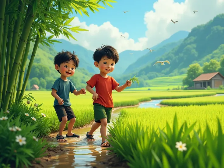 "In the lush green rice fields of the vibrant village, the younger boy, now  and wearing a red T-shirt and green shorts, works alongside his older brother, who is dressed in a blue T-shirt and black shorts. Both boys are smiling, focused on their tasks. Th...