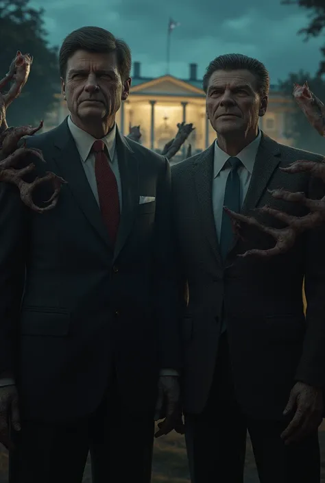 Super realistic photo, Donald Trump, close-up of PresidentJohn Fitzgerald Kennedy and President Ronald Reagan standing together in front of the White House at night, flanked by reptiloid creatures with elongated limbs, scaly skin and piercing eyes. Close-u...