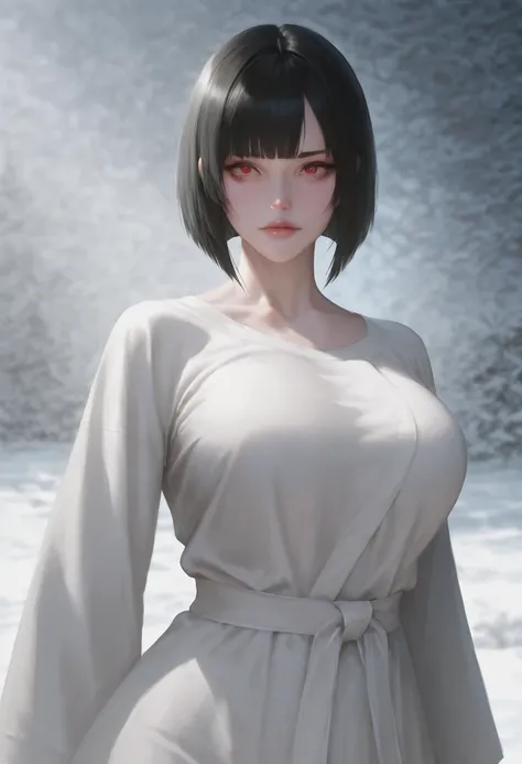 A beautiful woman with big breasts and a big butt, snow-white skin and short straight bob black hair, with beautiful red eyes, wearing medical clothes, hyper-realistic, 8k, extremely detailed face, detailed eyes, detailed lips, detailed anatomy, beautiful ...