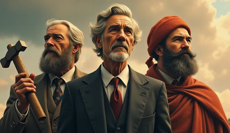 Image of 3 personalities, a well-dressed one representing capitalism, the other representing socialism with fatherly features ,  and the last representing communism holding a hammer and sickle