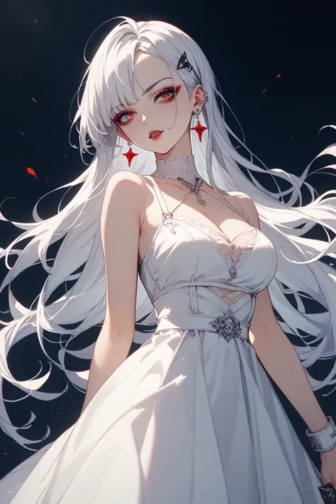 solo、 vampires、anime、cool、Dark background、white long hair、 white dress、 top quality