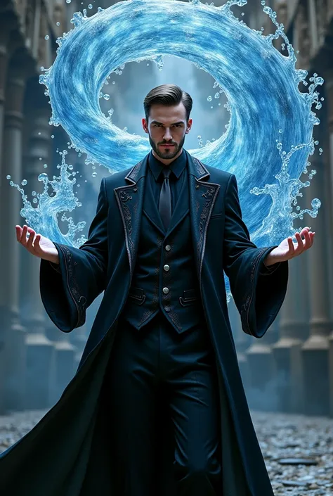   A handsome wizard with a short beard who wears a black robe and a black suit with a dark gray tie on the bottom , Use water magic by conjuring an aquatic spirit