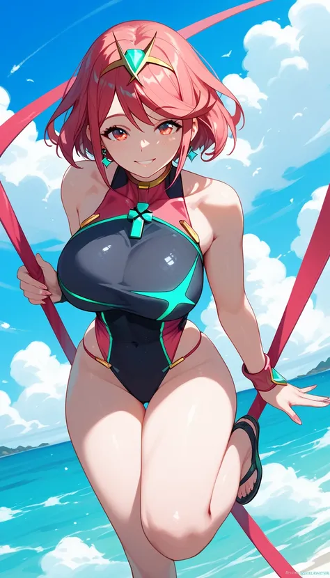 sCore_9,sCore_8_above,Core_7_above, Pyra , a girl, d cup breasts, alone, long hair, neckline, big breasts , sky, looking at the spectator , blue sky, blows, smile, outdoors, cloud, Body, day, swimsuit, soft thighs, adult