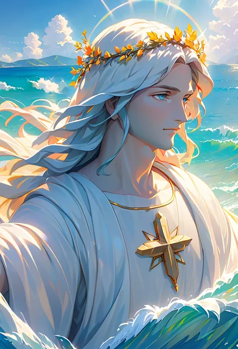 ( extremely detailed, Statue of Jesus,  top quality), Focus on the details ,   natural light, dynamic,  vibrant colors,  dazzling sunshine,  vibrant colors, Quiet face , Calmness of the Waves,  Sparkling Turquoise Ocean .