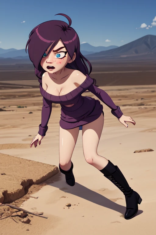 1girl, masterpiece, best quality, zonetan, blue eyes, hair over one eye, drill hair, purple long hair, bare shoulders, boots, off-shoulder sweater dress, 
full body, black stockings, solo, looking at viewer, radioactive field, messy waste, debris, heavy ga...