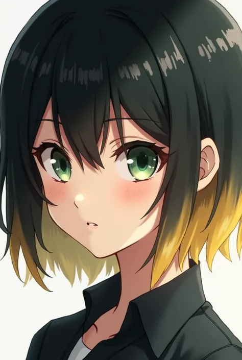 Anime girl.
With black short hair and blond ends.
Green eyes