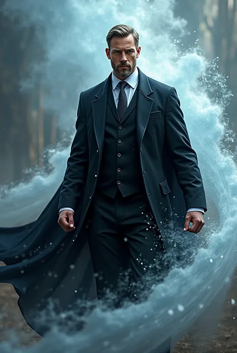   A handsome wizard with a short beard who wears a black robe and a black suit with a dark gray tie on the bottom , Use wind magic to summon an air spirit