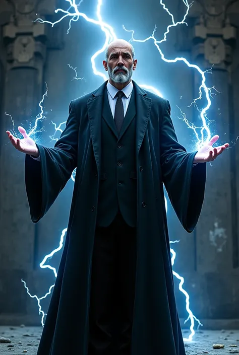   A handsome wizard with a short beard who wears a black robe and a black suit with a dark gray tie on the bottom , Use lightning magic to conjure an electric spirit