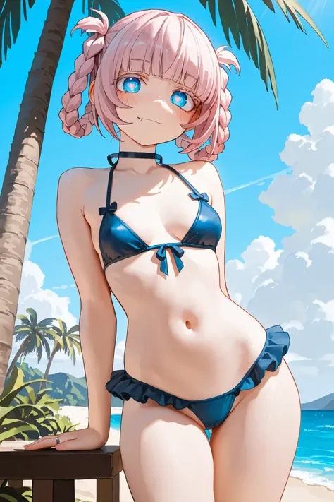 NSFW, Masterpiece, top quality, Hi-Res, very detailed that ,Nanakusa Nazuna\(Night Song\), blue eyes、Ring-shaped eyes、vampire、 pink hair with crotch,braided hair ring、 dull bangs、 short hair, halter neck bikini, high leg bikini, Frilled Bikinis ,beach, pal...