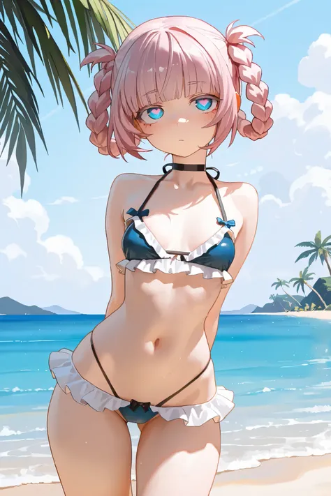 NSFW, Masterpiece, top quality, Hi-Res, very detailed that ,Nanakusa Nazuna\(Night Song\), blue eyes、Ring-shaped eyes、vampire、 pink hair with crotch,braided hair ring、 dull bangs、 short hair, halter neck bikini, high leg bikini, Frilled Bikinis ,beach, pal...