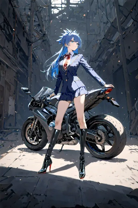 Japan、male、 high school student、1 person、Large blue motorbike 、 tall 、 has long legs、Blue Hair、Spiky Hair、Blue Eyes、 blazer uniform、Abandoned Factory、 black long boots、 straddles motorbikes、 high quality、 Hi-Res,  Masterpiece, accurate,  anatomically corre...