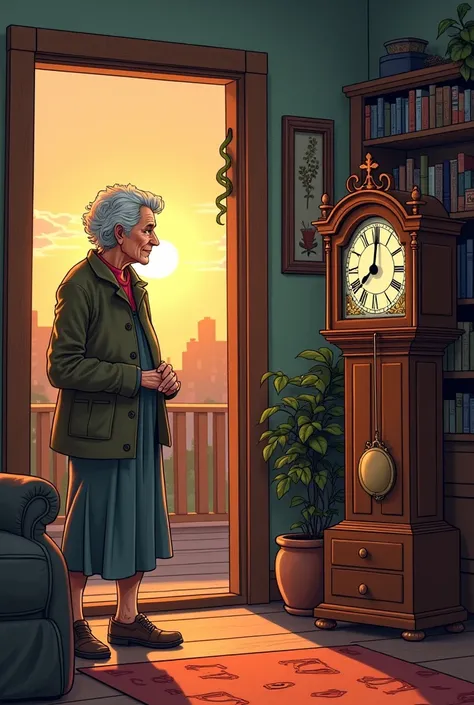 Panel 1: The scene shows a cozy, cluttered living room with an elderly woman standing next to a beautiful, old antique clock. She looks sad, holding her chin thoughtfully.
Panel 2: A cheerful man with messy hair and a toolbox-Mr. Chuckles-stands at her doo...