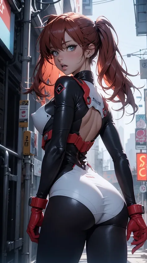 Asuka Langley,  seen from the front, doggy style, lace,  looking at the camera , sexy, very sexy,  open mouth,  perfect butt, transparent material, transparente, uneven nipple, ( from top to bottom from bottom to top: 0.8), Alone in a cyberpunk city, hiper...