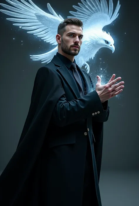   A handsome wizard with a short beard who wears a black robe and a black suit with a dark gray tie on the bottom , Use the magic of light by conjuring an eagle-shaped spirit