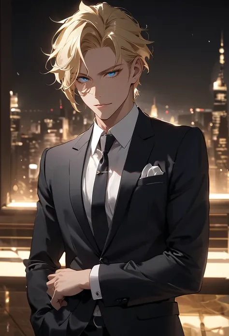 An anime BL-style male character with a charismatic and dominant presence. He has short, perfectly styled blond hair and intense, hypnotic blue eyes that seem to glow subtly. His face is chiseled and flawless, with a confident, knowing smirk. He is dressed...