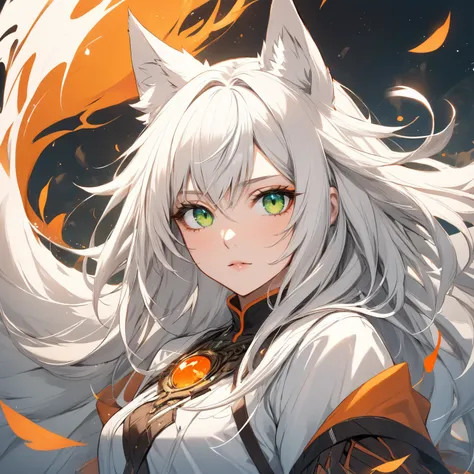 Fantasy, Girl, long white hair with orange accents, Wolf girl,  green eyes