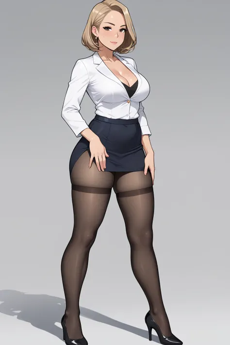  quality;{ Ultra-realistic,  high image quality,  Details,  Hi-Res, 8k, Realistic color saturation , プロフェッショナル quality,  perfect contrast , (Light Gray Background:1.1), ( correct anatomy), ( 18-year-old Beautiful Secretaries Standing Highlighting Their Lon...