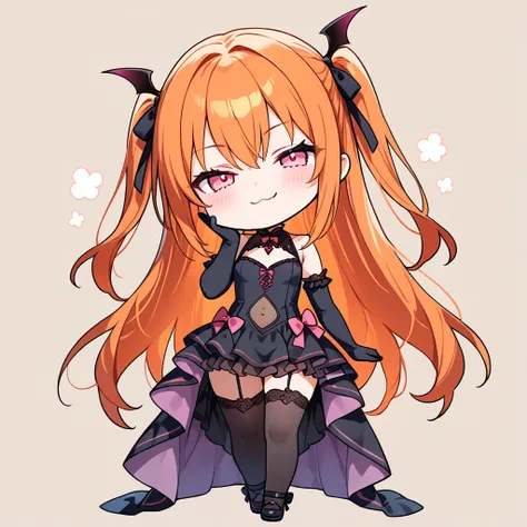 ((masterpiece, best quality, extremely detailed)), 1girl, ((chibi, chibi only)), orange hair, very long hair, long side up, pink eyes, (black frilled dress, see-through navel cutout, high-low skirt, frills), black thighhighs, black elbow gloves, hair ribbo...