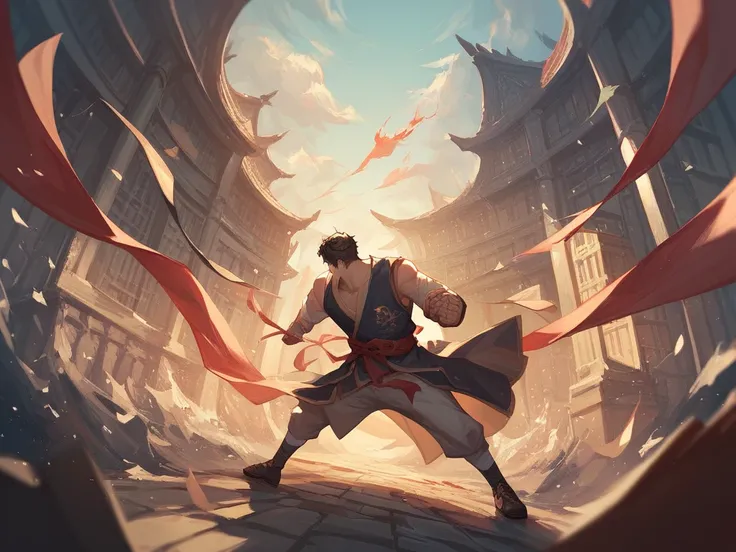  anime style : Book cover with the Great Wall of China in front of it are two martial artists fighting each other