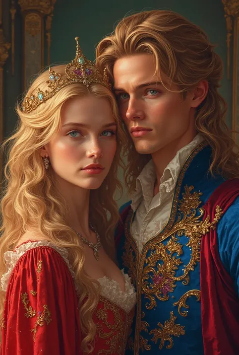  A book cover of A very beautiful  blond princess seventeen years young princess dressed extravagantly in front of a seventeen years young blond prince, medium-length hair, blue eyes ,dressed equisitly he is very handsome and dashing with hair styles to pe...