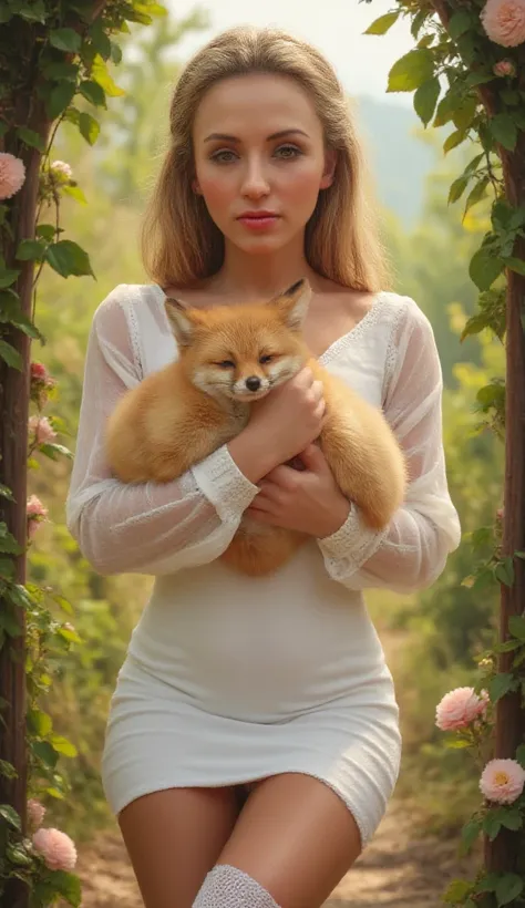 Aleyna Tilki holding a sweet baby fox in her hands. She has a warm smile on her face. She is dressed in an elegant white mini dress and chic knee-high boots. The background is filled with lush greenery, with sunlight illuminating the scene.