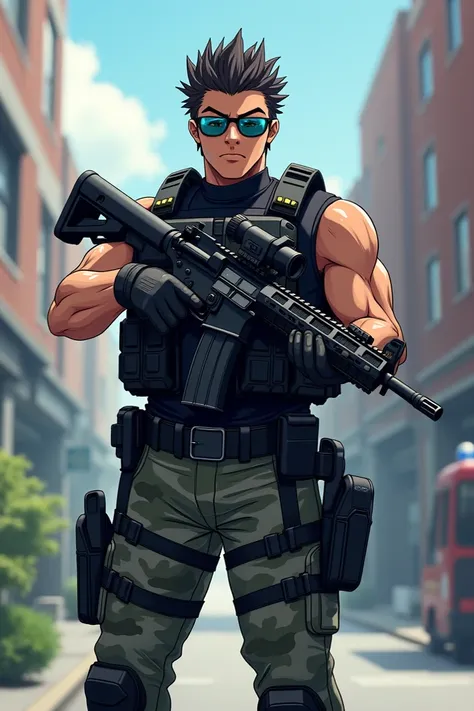 Anime swat ,  with sunglasses using ar-15 rifle