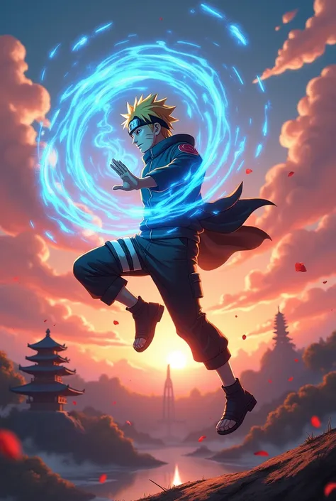 "Naruto Uzumaki in a dynamic mid-air pose, forming a glowing blue Rasengan with swirling chakra energy, Nine-Tails orange-red aura flickering around him. Sunset over Konoha Village, Hokage Monument visible in the background, cherry blossom petals drifting,...